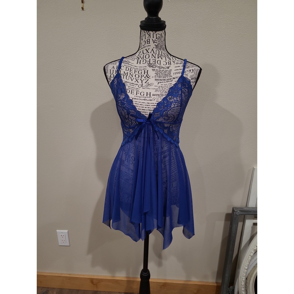 Avidlove royal blue lace baby doll coquette plunging chemise Women SZ S Romanti